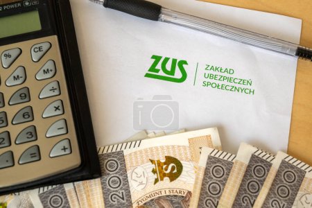 Photo for Gdansk, Poland - March 3, 2023: ZUS (National Social Insurance Company) logo on a sheet of paper and polish money - Royalty Free Image