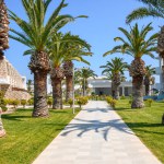 Kos, Greece - May 13, 2023: Area of the Sandy Beach hotel, a 4-star resort in Marmari village on the island of Kos. Greece