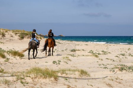 Téléchargez les photos : Kos, Grèce - 12 mai 2023 : Équitation sur la plage de Marmari. Une attraction populaire sur l'île grecque de Kos - en image libre de droit