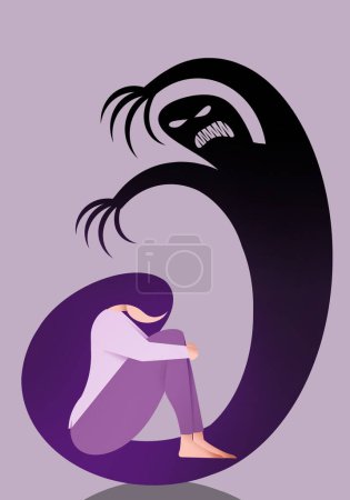 an illustration of depressed woman with depression monster