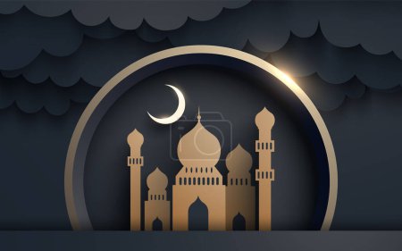 Islamic Ramadan papercut background design with mosque and a moon