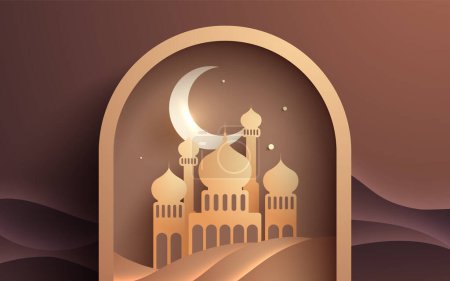 Islamic Ramadan papercut background design with mosque and a moon