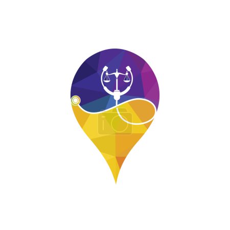 Ilustración de Medical law vector logo design template. Stethoscope with law scale icon vector design. - Imagen libre de derechos