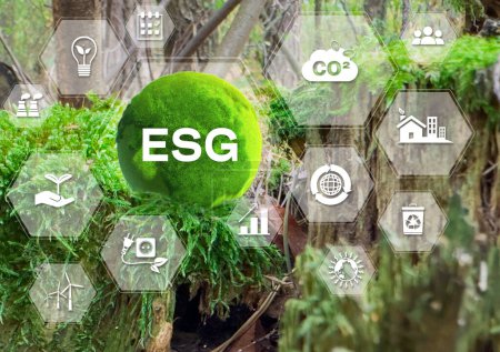 Téléchargez les photos : Concept ESG. Environnement, société et gouvernance. Énergie du gaz naturel entreprise durable et éthique sur la connexion de réseau sur fond vert. - en image libre de droit