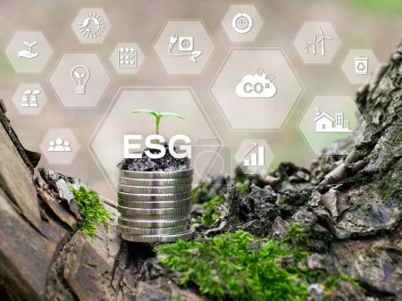 Téléchargez les photos : ESG gouvernance sociale environnementale concept d'entreprise d'investissement. Icônes ESG. Concept de stratégie d'investissement des entreprises. Concept de technologie verte. le concept d'économie cyclique - en image libre de droit
