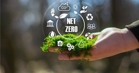 Net zero icon and carbon neutral concept in the hand for net zero greenhouse gas emissions target Climate neutral long term strategy on a green background 