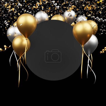 Foto de Diseño de concepto de venta de viernes negro de papel negro en blanco y globos de lujo con confeti de papel de aluminio que cae 3d render - Imagen libre de derechos