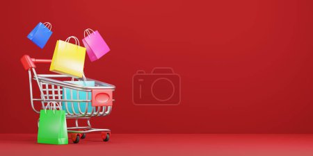Photo for Shopping cart with colorful shopping bag on red background 3D render - Royalty Free Image