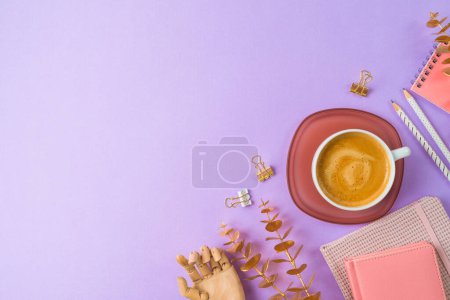 Photo for Stylish feminine office desk table with coffee cup, notebook and pencils. Top view, flat lay - Royalty Free Image