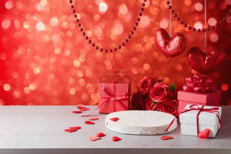 Photo for Valentines day background with wooden log, gift box and heart shapes. Holiday mock up for design and product display - Royalty Free Image