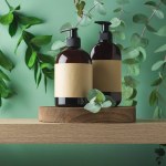 Natural cosmetics SPA bottles with labels on wooden podium  on bathroom shelf for mock up packaging design over green leaves background