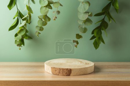 Foto de Tronco de podio de madera vacío en la mesa con hojas de eucalipto sobre fondo verde. Maqueta cosmética y spa para diseño y visualización de productos - Imagen libre de derechos