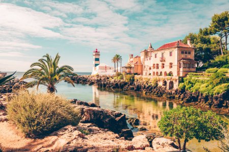 Cascais, Portugal famous Santa Marta lighthouse. Summer travel and tourism concept