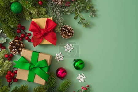 Foto de Feliz fondo navideño con cajas de regalo, ramas de pino y decoraciones festivas. Vista superior, plano - Imagen libre de derechos