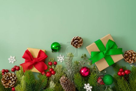 Photo for Merry Christmas background with gift boxes, pine tree branches and festive decorations. Top view, flat lay - Royalty Free Image