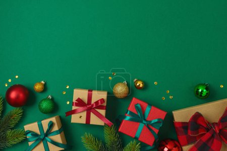 Foto de Feliz Navidad y Feliz Año Nuevo concepto con caja de regalo, adornos y decoraciones sobre fondo verde. Vista superior, plano - Imagen libre de derechos