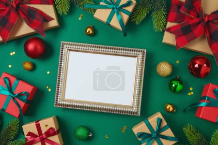 Téléchargez les photos : Cadre photo de Noël et Nouvel An maquette avec boîte cadeau et décorations sur fond vert. Vue de dessus, plan plat - en image libre de droit