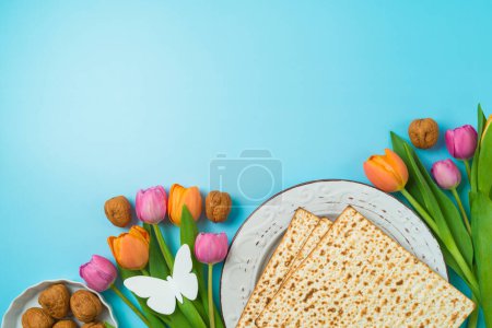 Foto de Concepto de Pascua judía con matzá y flores de tulipán de primavera sobre fondo azul. Vista superior, composición plana - Imagen libre de derechos