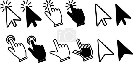 Cursor-Symbole anklicken und Hand-Cursor-Symbole anklicken. Vereinzelt auf weißem Hintergrund. Vektorillustration