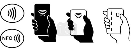 Téléchargez les illustrations : Options de paiement icônes définies. Paiement NFC avec téléphone portable, carte de débit-crédit, paiement NFC et espèces. . Illustration vectorielle - en licence libre de droit