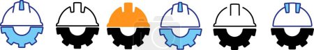 Construction helmet on the gear icons set. Helmet and gear flat or line icon. . Vector illustration