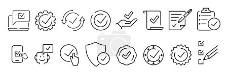 Iconos de línea sobre marca de verificación y producto de calidad. Esquema de la colección de símbolos. Carrera vectorial editable. Ilustración vectorial