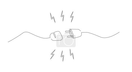 One continuous line drawing of the plug inserted into an electric outlet. Power socket disconnect in simple linear style. Vector illustration