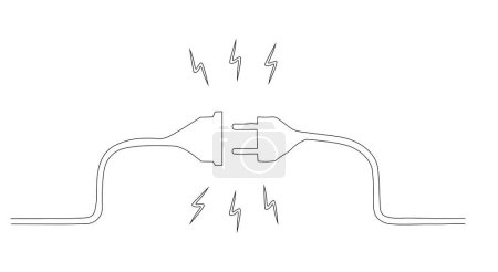 Illustration for One continuous line drawing of the plug inserted into an electric outlet. Power socket disconnect in simple linear style. Vector illustration - Royalty Free Image