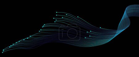 Vektor abstrakte Lichtlinien wellenförmig fließende Dynamik in blaugrünen Farben isoliert auf schwarzem Hintergrund. Vektorillustration