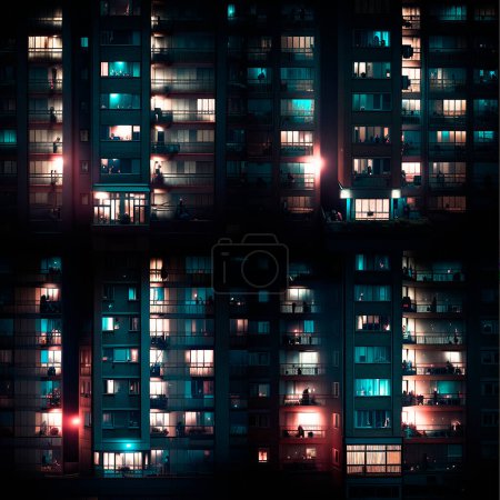 Téléchargez les photos : Ilustration in 3D of facade of residential building at night - en image libre de droit
