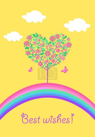 Téléchargez les photos : Salutations carton jaune avec application enfantine dans le style japonais avec cerisier en fleurs ou pommier et coupe de papier arc-en-ciel. Partie 2 - en image libre de droit