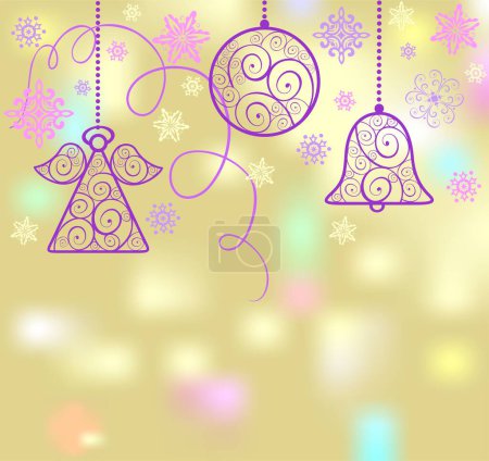 Ilustración de Saludo fondo dorado brillante con lugar para el texto para las vacaciones de invierno y la celebración de la fiesta de Navidad con decoración colgante de encaje violeta - Imagen libre de derechos