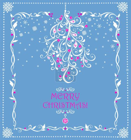 Téléchargez les illustrations : Carte de vœux bleu pastel magique de Noël avec bouquet décoratif suspendu de gui aux baies roses - en licence libre de droit