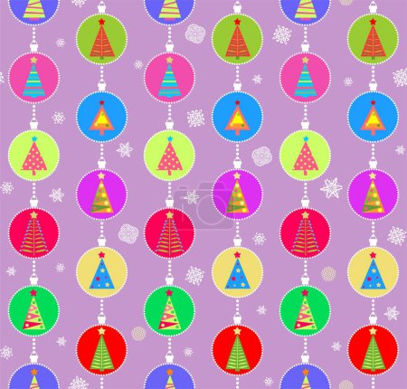 Illustration for Christmas light violet seamless childish wrapping paper for winter holiday celebration with hanging cut out decoration with colorful firs - Royalty Free Image