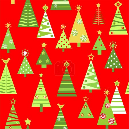 Ilustración de Funny rojo sin costuras de papel de embalaje para la Navidad, Año Nuevo y la celebración de las vacaciones de invierno con abetos verdes recortados. Diseño plano - Imagen libre de derechos
