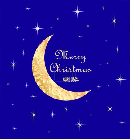 Ilustración de Tarjeta de felicitación estrellada azul marino de Navidad con media luna decorativa dorada - Imagen libre de derechos