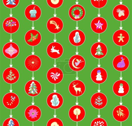 Illustration for Green red Christmas seamless craft wallpaper with decorative garland with Xmas star, angels, bunny, jingle bell, gift, reindeer, gingerbread, candy, candle, snowman, poinsettia flower, snowy firs, xmas wreath and xmas tree - Royalty Free Image
