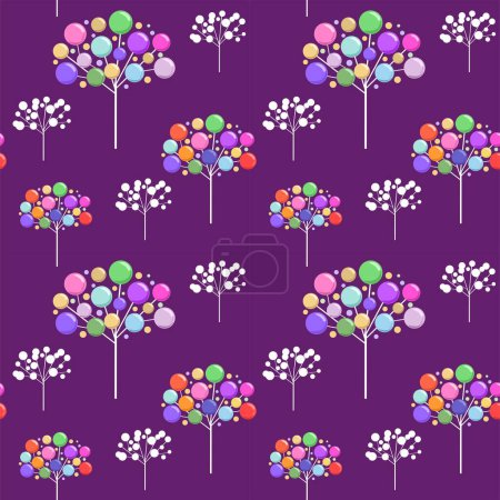 Illustration for Seamless lilac wallpaper with abstract Xmas tree with colorful glass balls for Christmas greeting wrapping paper design. Flat style - Royalty Free Image