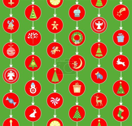 Illustration for Green red craft Christmas seamless wrapping paper with paper cutting angels, bunny, jingle bell, gift, reindeer, gingerbread, candy, candle, snowman, firs, xmas wreath and xmas tree - Royalty Free Image