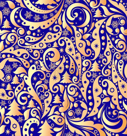 Illustration for Navy blue vintage Christmas seamless wallpaper with gold abstract floral pattern with snowflakes, star, fir and crescent - Royalty Free Image
