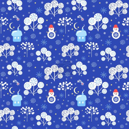 Téléchargez les illustrations : Papier peint bleu sans couture hiver avec des arbres enneigés abstraits, petite maison drôle, papier coupe étoile de Noël, croissant et bonhomme de neige. Conception plate - en licence libre de droit