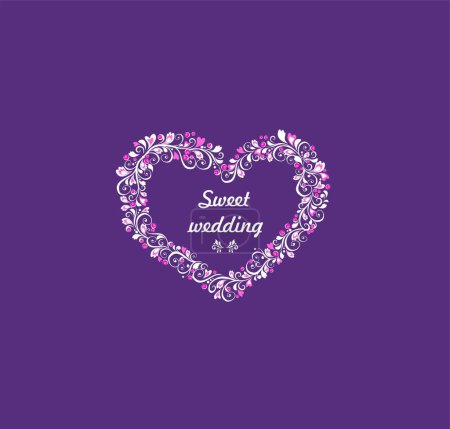 Illustration for Decorative heart shape frame for greeting card, wedding invitation. Wreath floral white template with pink berries on violet background - Royalty Free Image