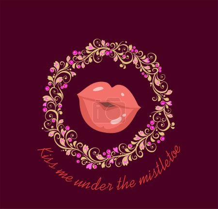 Illustration for Funny banner with decorative gold wreath of mistletoe, pink colored lips and kiss me lettering for Valentines day congratulation and Christmas celebration - Royalty Free Image