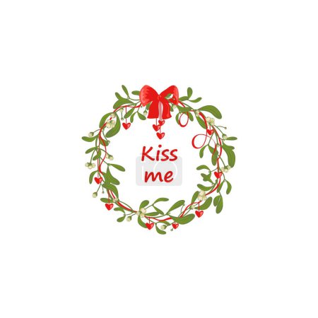 Illustration for Vintage traditional decoration with wreath of mistletoe, red ribbons and hanging hearts. A bouquet for Christmas, New year and Valentines Day greetings isolated on white background - Royalty Free Image