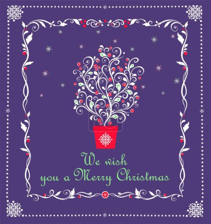 Téléchargez les illustrations : Carte de vœux artisanale violette avec arbre décoratif magique aux baies rouges et houx - en licence libre de droit