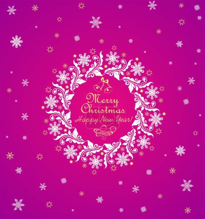 Illustration for Beautiful greeting craft card in viva magenta color with Christmas decorative white paper cutting wreath, snowflakes and golden stars - Royalty Free Image