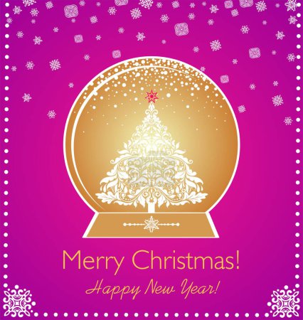 Illustration for Beautiful greeting craft card in viva magenta color with golden globe, Christmas decorative white tree and snowflakes - Royalty Free Image