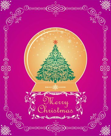 Illustration for Vintage Christmas greeting craft card in viva magenta color with golden globe with Xmas tree and decorative curled frame - Royalty Free Image