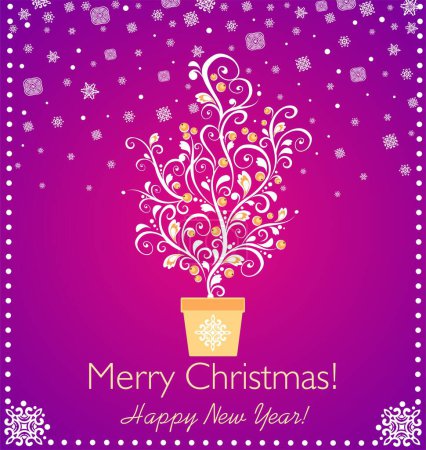 Téléchargez les illustrations : Carte artisanale de voeux de Noël vintage en couleur viva magenta avec arbre décoratif de Noël en pot de fleurs et flocons de papier - en licence libre de droit