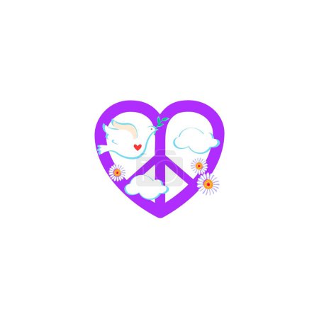 Ilustración de Diseño plano con corte de papel ligero signo de paz violeta en forma de corazón, paloma blanca con rama de olivo, nubes y margarita sobre fondo blanco - Imagen libre de derechos
